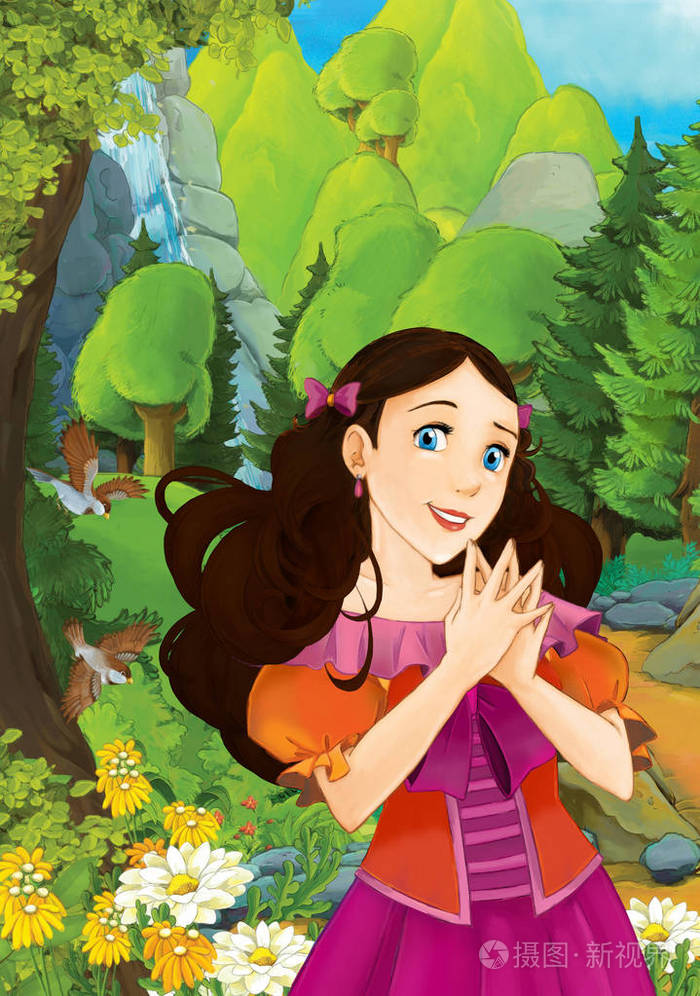 动画片场面与一些美丽的女孩在森林例证为孩子