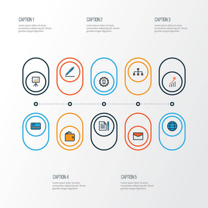 贸易多彩大纲图标集。金融利润 钱包 银行现金和其他元素的集合。此外包括卡 星球 演示文稿等符号