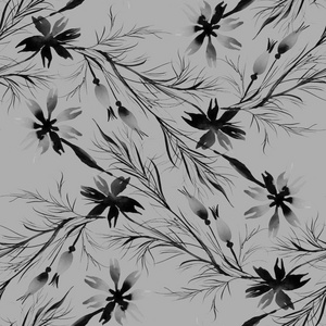 单色的矢车菊和草药图案