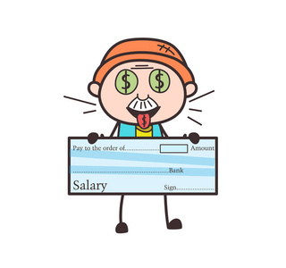 工资漫画贪婪的卡通爷爷显示工资支票矢量图照片