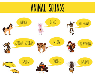 儿童多彩教育卡通页儿童书籍和杂志上的可爱的农场动物和宠物的声音研究的主题。矢量