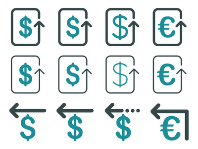 美元和欧元退还平面矢量图标集