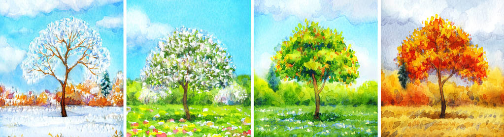 水彩风景的系列在不同季节的树