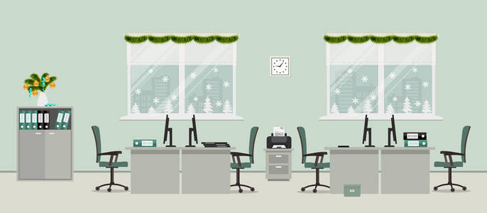 办公室的房间，装饰着圣诞装饰