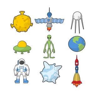 设置空间图标。 航天器和火箭UFO。 卫星和地球