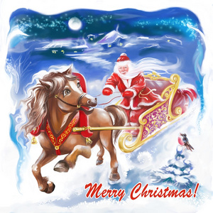 新的一年卡与圣诞老人和马。冬季景观。数码插画