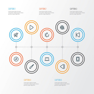 媒体概述图标集。以前的集合 手机 电影胶片和其他元素。此外包括电缆 卷筒 计算机等符号