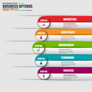 图表的设计模板和营销图标 5 选项 零件 步骤或过程的业务概念。可以用于工作流布局 图表 数字选项 网页设计