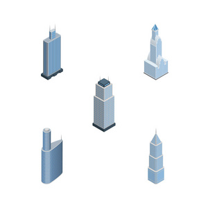 等距摩天大楼集商务中心 建设 外部和其他矢量对象。此外包括城市景观 外墙，中间的元素