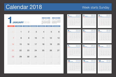 2018 日历。桌子上的日历现代设计模板。周启动