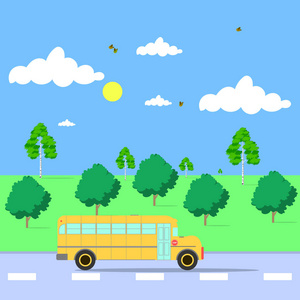路上，与自然背景的校车的插图