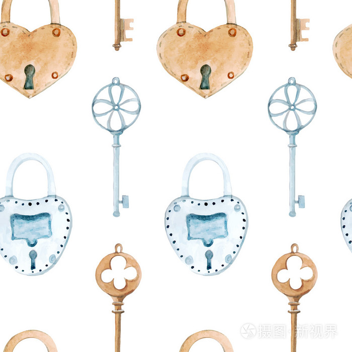 矢量水彩无缝模式与钥匙和锁