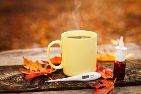 带温度计的茶杯, 秋叶和鼻滴, 流感海域