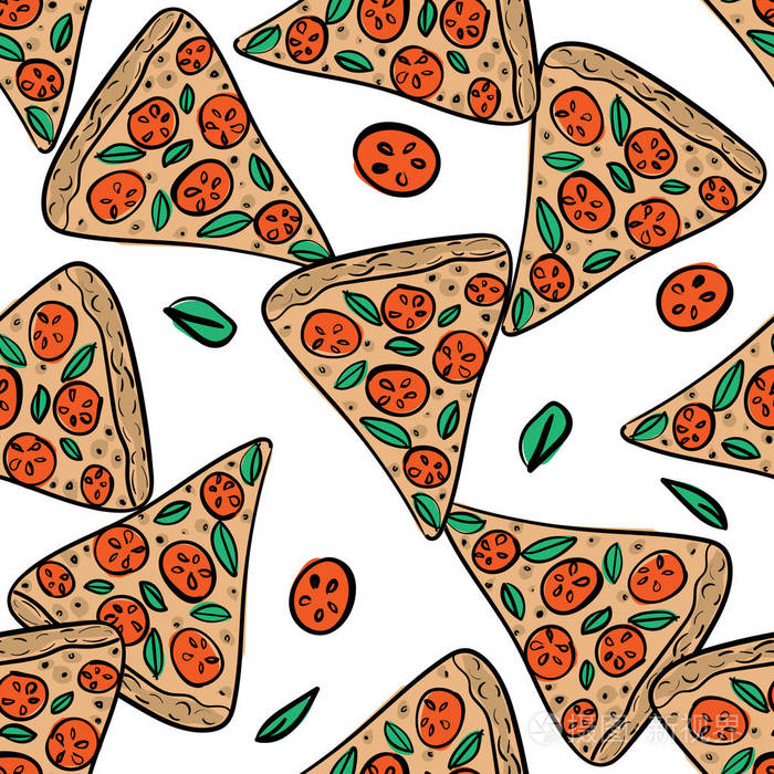 披萨无缝模式放在手工绘制的涂鸦风格