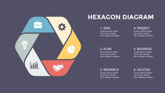 矢量圆圈箭头图 循环图 六角图 演示文稿图表。经营理念与 6 选项 配件 步骤 流程。16 x 9 黑暗的幻灯片模板