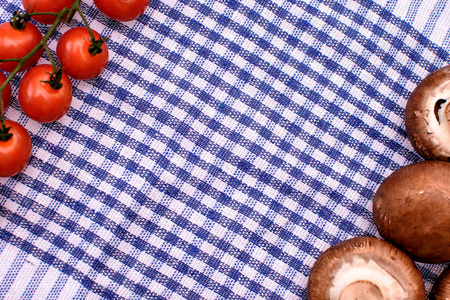 灰色的蘑菇香菇躺在蓝色的毛巾，文本，背景的地方