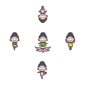 矢量可爱的卡通女孩吉祥物的五个瑜伽体式