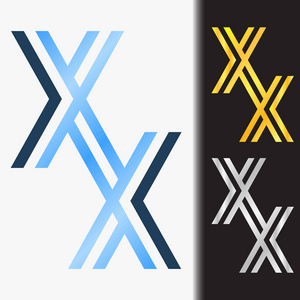 首写字母 Xx 溢价蓝色金属旋转在白色的背景下，小写标志模板和自定义预览中金和银的颜色