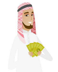 快乐的穆斯林商人持有货币