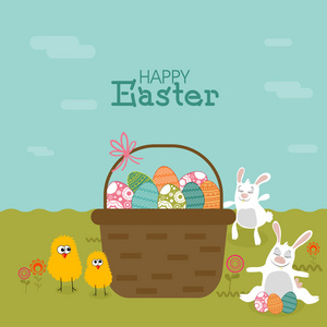 五颜六色的复活节鸡蛋在篮子里，有兔子和小鸡。
