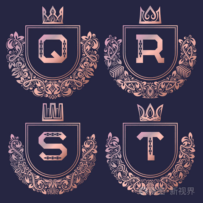 玫瑰金徽章的巴洛克式的样式设置.q, r, s, t 的金粉色复古标志会标