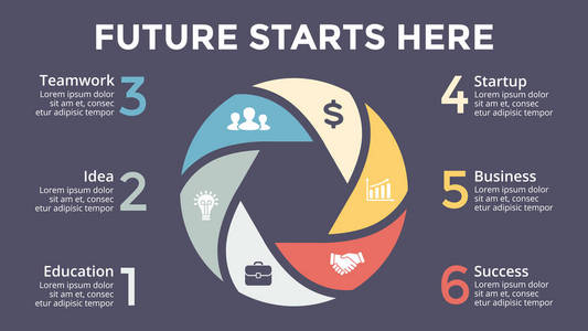 矢量圆圈箭头图 循环图 六角图 演示文稿图表。经营理念与 6 选项 配件 步骤 流程。16 x 9 黑暗的幻灯片模板