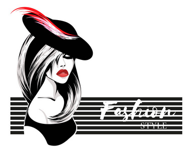 复古的黑色和白色时尚风格黑发女人横向 漂亮的女孩，戴着顶帽子与羽毛，红色的嘴唇，手绘矢量图