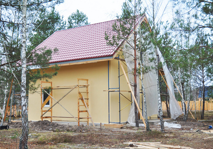 建造或修理的有阳台 屋檐 windows 烟囱 屋面，固定门面，绝缘，抹灰和使用颜色的农村的房子。住宅建设