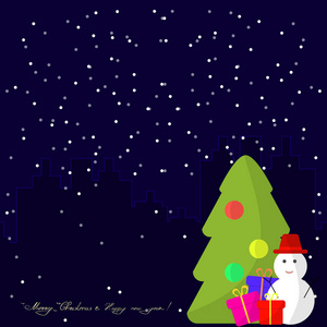 圣诞快乐和新年快乐贺卡与雪人，圣诞树和礼物。平的插图