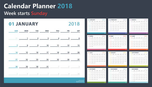 2018 的日历策划师开始周日，矢量日历设计 2018 年