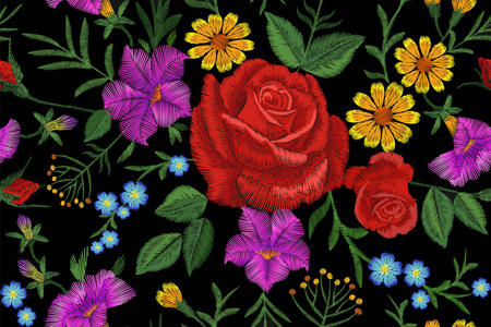 玫瑰花朵刺绣纹理无缝图案。红色领域花药草纺织打印领口传统装饰华丽的矢量图在黑色背景上