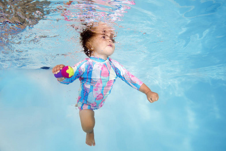 小女孩学会水下在游泳池里游泳