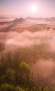 童话的黎明。在美丽的山丘的朦胧觉醒。峰山从雾背景都突出来了