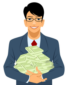 商人与我们港元银行纸币的钱树生长在花盆里感恩节快乐垂直横幅, 卡通