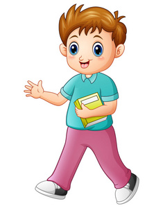卡通男孩拿着一本书与挥舞着的手照片
