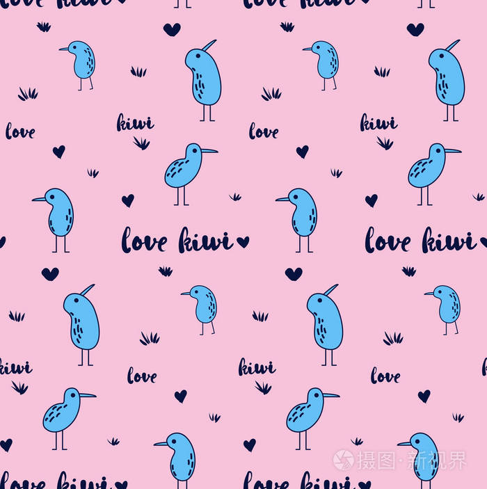 无缝模式与粉红的底色上的几维鸟