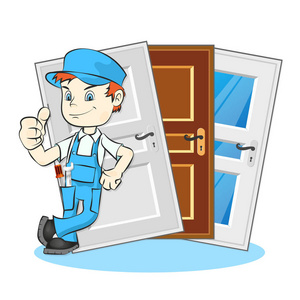 安装门大师可爱的卡通厨师与盘中的食物在手友好的微笑马戏团小丑在五