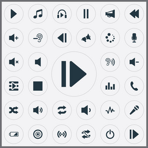 矢量图组的简单的音乐图标。元素沉默 耳机 停止和其他同义词演讲 电池电量不足和停止