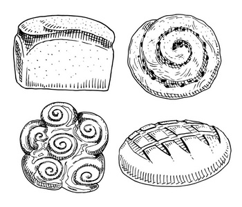 面包和糕点甜甜圈 长条面包。甜面包。刻的手绘在旧素描和老式风格的标签和菜单的面包店。有机食品的面粉