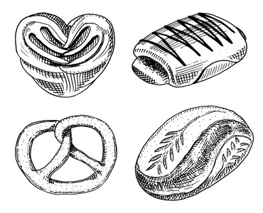 面包和糕点甜甜圈 甜面包或用巧克力百吉饼。刻的手绘在旧素描和老式风格的标签和菜单的面包店。有机食品的面粉