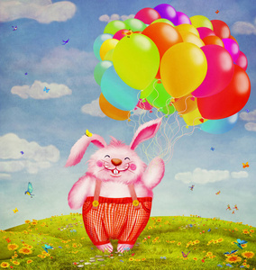 可爱的兔子与五颜六色的气球飞向天空