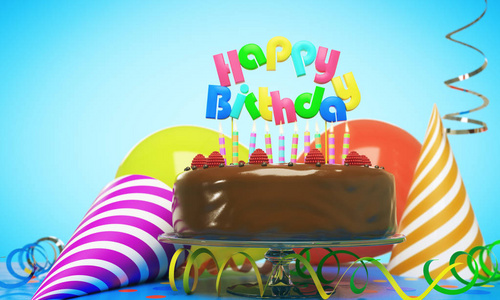 美味的生日蛋糕蜡烛 帽子 蓝色背景上的气球。庆祝活动的概念。3d 渲染