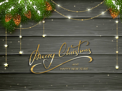 圣诞快乐，金色装饰黑色木制背景