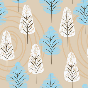 无缝模式与树木在印刷织物和壁纸的平静色调