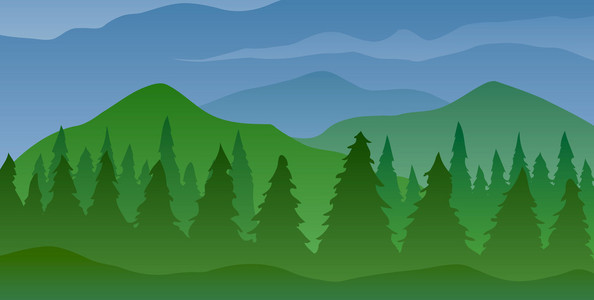 矢量图。绿色的山和树