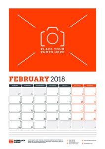 2018 年的矢量日历计划模板。2 月。矢量设计打印模板与照片的地方。红色和黑色的颜色。周从星期一开始