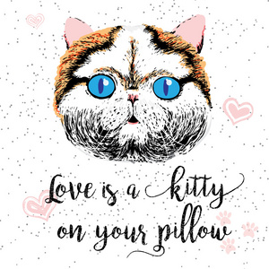 矢量图的微笑的可爱小猫用爱是一只小猫在你枕头上刻字书法