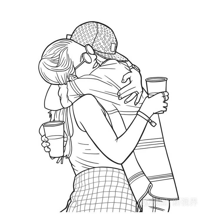 孤立地展示出年轻夫妇拥抱和拿着塑料杯在节插画-正版商用图片0dqenx