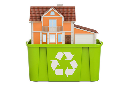 绿色回收垃圾桶与房子，3d 渲染