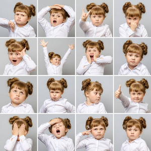 可爱的小女孩用不同的情绪和手势的拼贴画照片